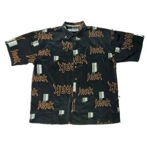 Vtg Leak Wear Shirt Mens XL Black Orange All Over Print Text Y2K Hip Hop Baggy